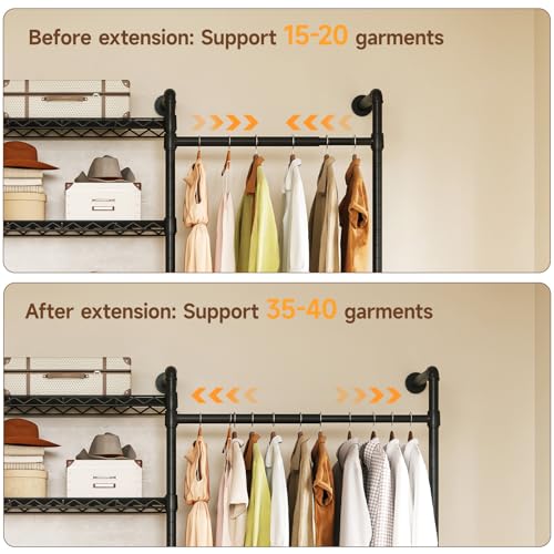 ONBRILL H4 Wall Mounted Closet System, Expandable Industrial Pipe Clothes Rack Clothing Rack for Hanging Clothes, Heavy Duty Closet Organizers and Storage in Wardrobe Closet - color: Black