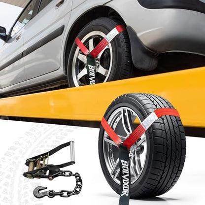 4 Pack Car Tie Down Straps for Trailers - 2" x 96" - 9900LBS Break Strength - Tire Ratchet Straps with Heavy Duty Chain Anchors for Hauling UTV, SUV, Truck, Any Cars - color: Red