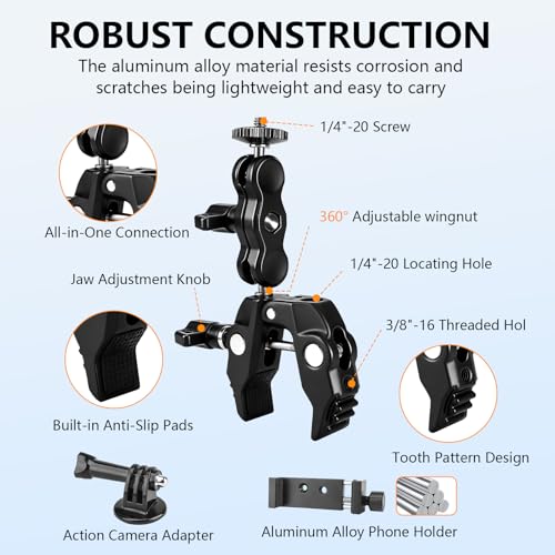 Chelhead Adjustable Phone Camera Holder, 1/4"-20 & 3/8"-16 Threads Universal Tube Mount Fits Up to 3'' Roll Bar Compatible with LED Lights, DSLR Camera, Gopro, Ronin-M, MOVI, Insta360, Tripod/Desk - style: For Camera & Phone