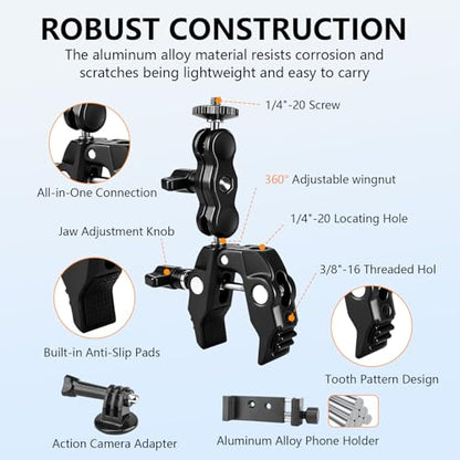 Chelhead Adjustable Phone Camera Holder, 1/4"-20 & 3/8"-16 Threads Universal Tube Mount Fits Up to 3'' Roll Bar Compatible with LED Lights, DSLR Camera, Gopro, Ronin-M, MOVI, Insta360, Tripod/Desk - style: For Camera & Phone