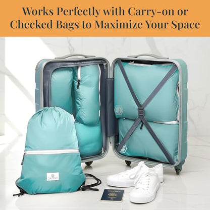 Extra Large Compression Packing Cube 6 Piece Set for Travel and Check Luggage by TRIPPED Travel Gear - color: Teal and White