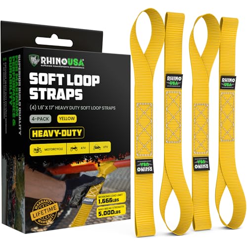 Rhino USA Soft Loop Tie Down Straps (4-Pack) - 1.6 Inch x 17 Inch (5,000 lbs Break Strength) Heavy Duty Motorcycle Handlebar Straps for use with Ratchets for ATV, UTV, Dirt Bike (Yellow) - color: Yellow 4-Pack