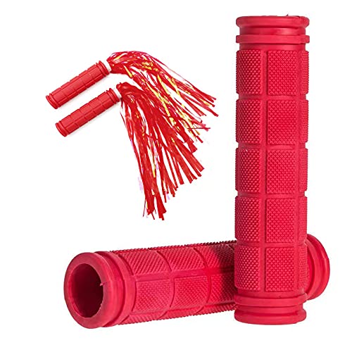Bike Handle Grips with Tassel Streamers for Girls Boys and Kids, Non-Slip Bicycle Handlebar Grips Cover for Mountain Bike, Scooters Road Bike BMX MTB Cycling Replacement Parts - color: Red & Streamers