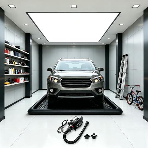 Inflatable Garage Floor Mat, Waterproof Car Wash Mat with High Rise Edge, 9.8FT x 19.6FT Heavy Duty PVC Parking Containment Mat for Snow Mud Oil, Garage Floor Protector for Car SUV Truck Motorcycle