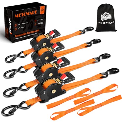 METOWARE Retractable Ratchet Straps (4-Pack) - 1" x 10' (1500lb Break Strength) - Heavy Duty Auto Self Retracting Tie Down Straps for Truck, Trailer, Cargo Van, Motorcycle - Orange - color: Orange, size: 4-pack