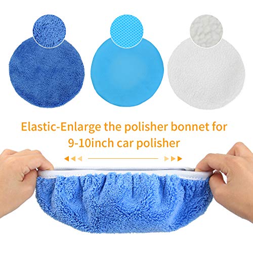 10PCS 9-10 inch Polisher Pad Bonnet Orbital Car Buffing Polishing Pad Cover - 5PCS Microfiber, 3PCS Wax Buffer, 2PCS Woolen Fleece Polishing Bonnet