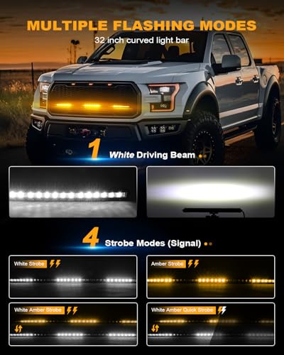 BraveWAY [Curved] [White & Amber Strobe] 32 inch LED Light Bar, Single Row Slim LED Bar for Off-Road, Truck, SUV, ATV, UTV, Car, Flashing Chase Light with Wiring Harness - color: 32in [Curved][White & Amber Strobe]