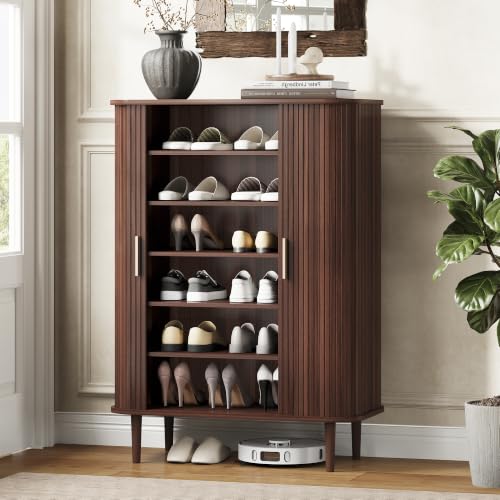 DHH Shoe Storage Cabinet with Sliding Door, 6-Tier Shoe Cabinet with Adjustable Shelves, Modern Freestanding Shoe Storage Organizer for Entryway, Hallway, Living Room (Walnut, 31.5 ") - color: Walnut, size: 31.5 "