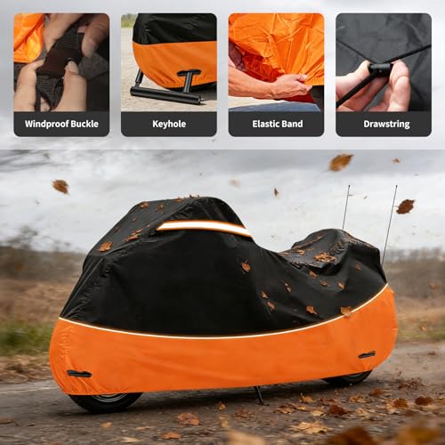 Heavy Duty Waterproof Motorcycle Cover with Side & Top Box Reflective Strips for Harley Ultra Limited Ultra Classic Road Glide Electra Glide, 110" L x 43" W x 55" H,Black & Orange - size: Side+Top Box