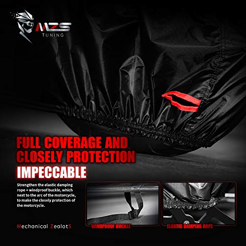 MZS Motorcycle Cover - All Season Weather Outdoor Waterproof Protection fits up to 86 inch L Compatible Sport Bikes Cruiser - Vents Night Reflective Tear Scratch Proof Sunblock Adjuster Buckle - size: Large 86 inches