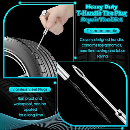 Saillong Tire Plug Tool Heavy Duty Plug Kit Stainless Steel T Handle Set Spiral Probe and Split Eye Needle Tire Repair Set for Automobiles Motorcycles Bicycles Car Truck