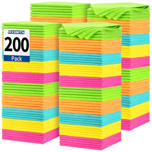 FIXSMITH Microfiber Cleaning Cloth, 200 Pack Shop Towels, Lint-Free Car Wash Towels, All-Purpose Absorbent Cleaning Rags for Housekeeping, Dust Cloth for Office, Mechanic, Automotive （12inx12in） - color: 5 Colors, size: 200PK