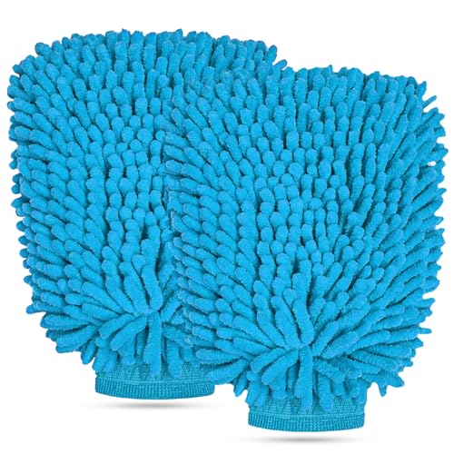 2 PCS Car Wash Mitt, Scratch-Free & Lint-Free Chenille Microfiber Wash Mitts, Highly Absorbent Double-Sided Glove for Auto Washing and Detailing, Universal Car Accessories (Light Blue) - color: Light Blue, size: 2 PCS