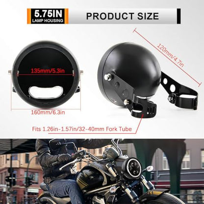 5.75 Inch Headlight Bucket Universal 5 3/4 Motorcycle Led Headlight Housing w/Mounting Brackets Fit 32-40mm Fork Tube