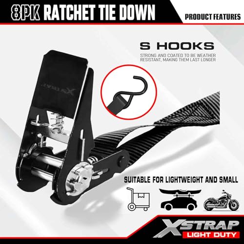 XSTRAP STANDARD 8-Pack Ratchet Tie Down Straps, 1" x 10ft, 900lb Break Strength Heavy Duty Straps for Motorcycles, ATVs, Lawn Equipment, Appliances & Truck Cargo - Black - color: Black