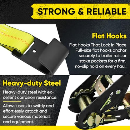 4 Pack Car Tie Down Straps for Trailers - 2" x 96" - 9900LBS Break Strength - Heavy Duty Tire Ratchet Straps with Flat Hooks for Hauling UTV, SUV, Truck, Any Cars - color: Yellow