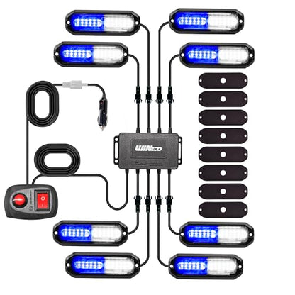 WINECO 8PCS LED Strobe Lights 12V Sync Feature Blue White 12LED Emergency Hazard Warning Lights with Strobe Controller for Trucks Vehicles ATV RV Cars Van - color: BLUE WHITE