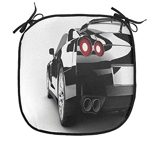 Lunarable Retro Chair Cushion Pad, Partial View of a Modern Sport Car from The Back Photo Print Retro Feelings, Seat Padding for Kitchen & Patio with Anti-Slip Backing, 16"x16", White Black and Red - color: Black White and Red, size: Pack of 1