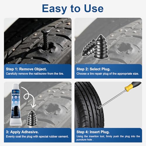 Tire Repair Rubber Nails Kit, 50 PCS Screw in Tire Repair Plugs Kit with 2 Sizes, Portable Emergency Tubeless Tire Repair Kit for Cars, SUVs, Motorcycles and ATVs (25S+25L+20ML+1Screwdriver) - size: 25S+25L+20ML+1Screwdriver