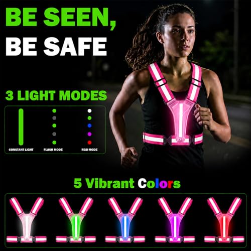LED Reflective Vest Running Gear, 5 Colors Light Up Safety Vest | Rechargeable High Visibility Running Vest, Adjustable for Men Women. Ideal for Night Running, Walking, Cycling & Jogging. - color: Pink
