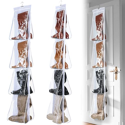 Windyun 16 Pairs Large Clear Pockets Fabric Dual Sided Hanging Shoe Rack for Closets Hanging Shoe Organizer with Rotating Hanger Boot Organizer for Storage Men's and Woman's Boots(White) - color: White