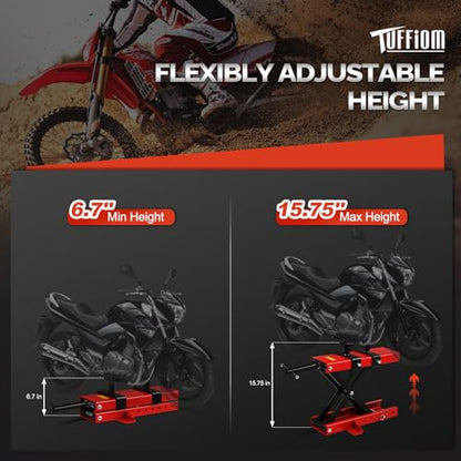TUFFIOM 1100LBS Motorcycle Scissor Lift Jack, Height Adjustable with Safety Pin & Support Saddles, Foldable Motorcycle Center Stand for Dirt Bike ATV, Red - size: w/Support Saddles
