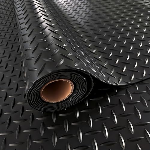 StellarStar 4x8 FT Garage Floor Mat, 2.8mm Thickened PVC Diamond Plate Garage Mat with 20PCS Tapes, Rubber Flooring Rolls for Under Car, Non-Slip Rubber Motorcycle Mat for Golf Cart, Trailer, Black - color: Black, size: 4x8 FT