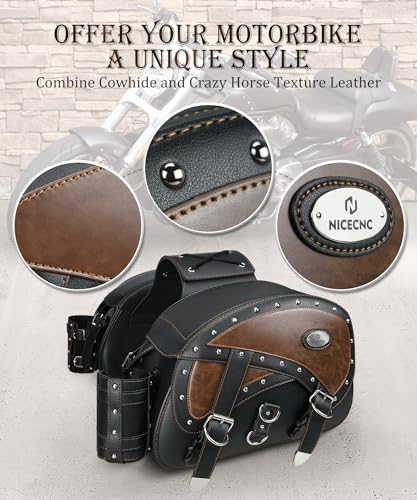 NICECNC Motorcycle Saddlebags Leather, 35L Large Capacity Throw Over Saddle Bags Motorcycle Side Luggage Bags with Cup Holders, Compatible with Sportster Softail Dyna Shadow Road King, 2PCS - size: 35L-Brown