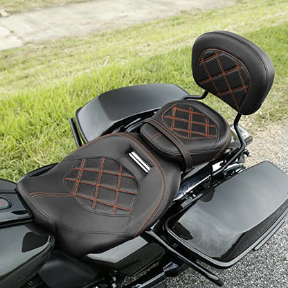 SLMOTO Motorcycle Rider Seat with Passenger Sissy Bar Tour Trunk Pad Fit for Harley Davidson Touring Road King Street Glide Road Glide Tri-Glide 09-20 Trike 10-22 CVO Custom Bikes Brown Stitching - color: Brown