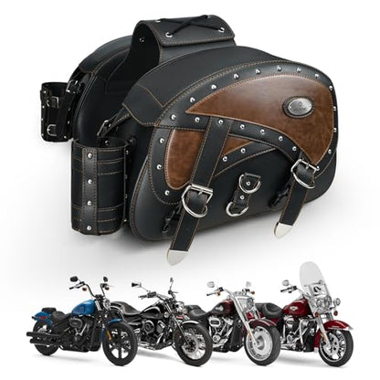 NICECNC Motorcycle Saddlebags Leather, 35L Large Capacity Throw Over Saddle Bags Motorcycle Side Luggage Bags with Cup Holders, Compatible with Sportster Softail Dyna Shadow Road King, 2PCS - size: 35L-Brown