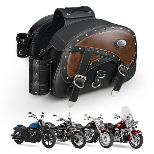 NICECNC Motorcycle Saddlebags Leather, 35L Large Capacity Throw Over Saddle Bags Motorcycle Side Luggage Bags with Cup Holders, Compatible with Sportster Softail Dyna Shadow Road King, 2PCS - size: 35L-Brown