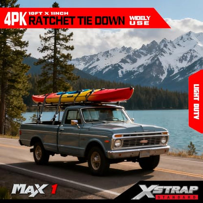 XSTRAP STANDARD Ratchet Tie Down Straps 4 Pk 10 Ft- 300 Lbs Load Cap- 900 Lbs Break Strength-Cargo Straps for UTV, ATV, Pickup,Truck, Moving Appliances, Lawn Equipment, Black - color: Black, size: 4pk 1inchx10ft
