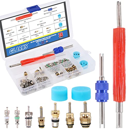 Glarks 78Pcs Car Air Conditioner Valve Core Schrader Valve Cores Accessories A/C R12 R134a Refrigeration Tire Valve Stem with Double Head Remover Installer Tool Assortment Kit - size: 78Pcs