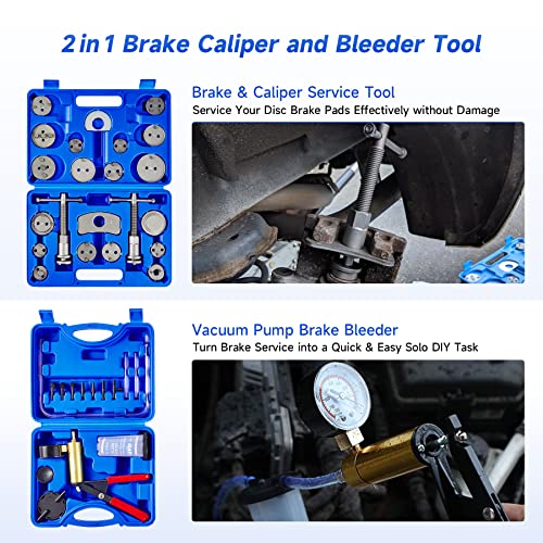 Orion Motor Tech 2 in 1 Brake Caliper Compression Tool & Brake Bleeder Kit, Handheld Vacuum Pump Brake Bleeder Tool Set, Disc Brake Pad Service Tool with Thrust Bolt Retaining Plates & 18 Adapters - color: Blue