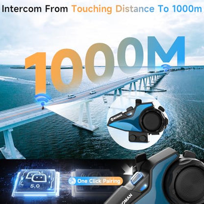 Moman Motorcycle Intercom, 2-Way Intercom Communication Systems, FM Music Sharing, Hi-Fi Stereo, CVC Noise Cancellation, Waterproof BT5.1 Group Helmet Speaker Headset, for Dirt Bike/ATV(H2E 1 Pack)
