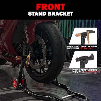 MOTO4U Motorcycle Front & Rear Stand, Front Rear Combo Stand Universal Wheel Lift Stand Swingarm Spool Lift Stand Paddock Stand (Red Wheel) - size: Front & Rear Stand Black