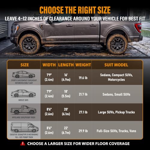 7'8" x 16' Garage Floor Mat, Non-Slip Containment Mat | 610GSM PVC Material, 65 Gal Capacity, Easy Maintenance, 1.2" Raised Edges, Protect the Floor - size: 7'8" x 16'