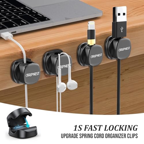 Never-Lose 1s Lock Spring Cable Solution – Rotatable Cable Clips, Strong Adhesive Cord Organizer & Wire Holder for Desk, Car, Wall & Nightstand, Tangle-Free Cable Management, 12 Pack (Black) - size: Pack of 12