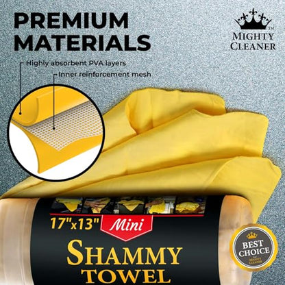 Premium 2pk Mini +1 Free Shammy Cloth for Car Drying - 17”x13” - Super Absorbent Chamois Towel for Car - Scratch-Free, Reusable & Soft Cleaning Towel - color: Yellow, Blue, Purple