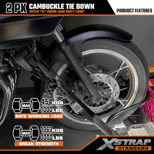 XSTRAP STANDARD Motorcycle Tie Down Straps (2 Pack) 3,000lb Break Strength, 1.5 in X 8FT Heavy-Duty Cambuckle Tie Down Set with S Hook and Soft Loops, Black - color: Black