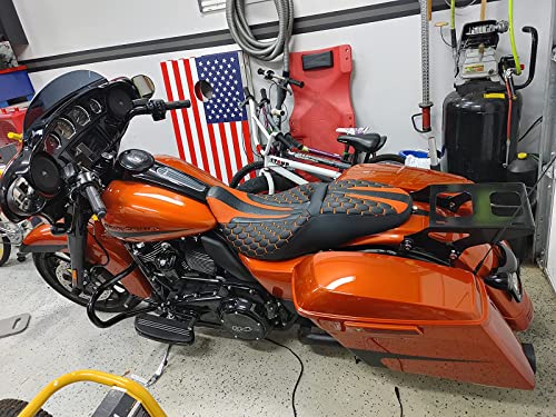 C.C. RIDER Rider Passenger Touring Seat - Hexagon Stitching for Harley Touring Road King Street Glide Road Glide Electra Glide CVO 2009-2023 Black Orange - color: Black Orange Seat