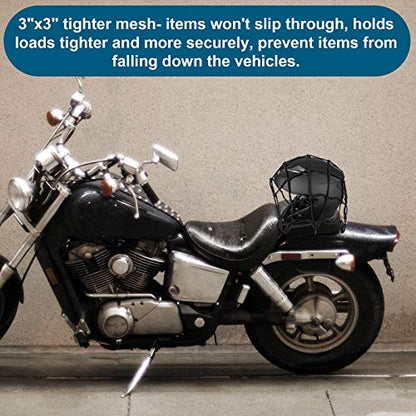 15.7"x15.7" 2Pack Bungee Cargo net Motorcycle, Made of Latex Heavy Duty Bungee Net Stretches to 33"x33", Luggage Thicken Netting with3 x3 Small Mesh&6 Adjustable Metal Hooks for Motorcycle, Bike, ATV