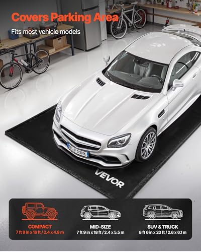 VEVOR Containment Mat, 7 ft 9 in x 16 ft, Non-Slip PVC Garage Floor Mat with a Cleaning Squeegee, Heavy Duty Durable Waterproof Containment Protection from Snow, Rain and Mud for Cars Parking, Black - size: 7 ft 9 in x 16 ft