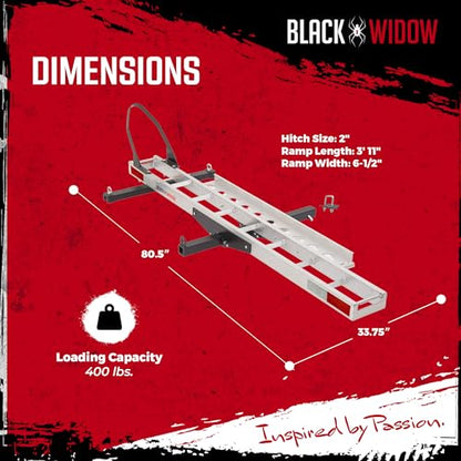Black Widow Motorcycle Hitch Carrier with Wheel Chock & Ramp, 400 lb Capacity Anti-Rattle – Lightweight Aluminum Dirt Bike Transport Platform with Secure Mounting – Fits 2" Receiver - style: Single Bike with Wheel Chock