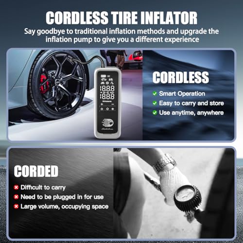 Portable Tire Inflator Air Compressor, 160 PSI Fast Inflation 34 L/Min, Cordless + 12V DC, 7500 mAh, Dual LCD Digital Gauge, Auto Shut-Off, LED Light — For Car, Motorcycle, Bicycle, Balls - style: 7500mAh
