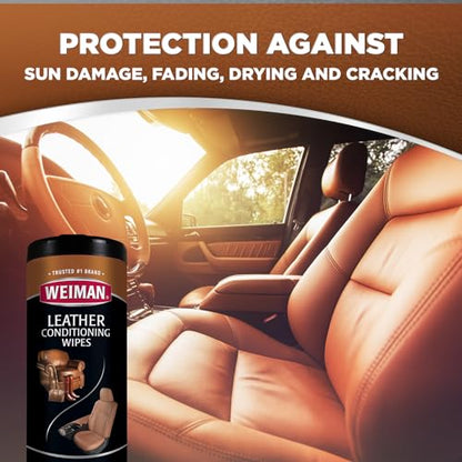 Weiman Leather Cleaner & Conditioner - Cleans, Restores & Protects Leather, UV Protection Prevent Cracking & Fading, For Car Seats, Sofas, Shoes, Bags & All Finished Leather Surfaces, 2 Pack, 60 Wipes