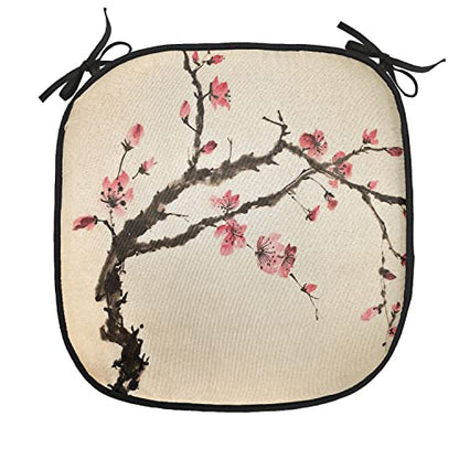 Lunarable Japanese Chair Cushion Pad, Traditional Chinese Paint of Figural Tree Details Brushstroke Effects Print, Seat Padding for Kitchen & Patio with Anti-Slip Backing, 16"x16", Pink Brown - color: Pink Brown, size: Pack of 1