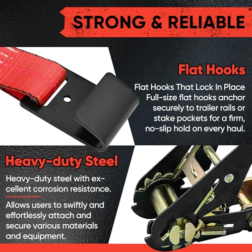 4 Pack Car Tie Down Straps for Trailers - 2" x 96" - 9900LBS Break Strength - Heavy Duty Tire Ratchet Straps with Flat Hooks for Hauling UTV, SUV, Truck, Any Cars - color: Red