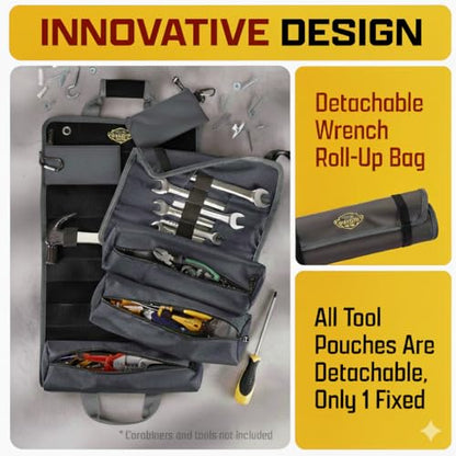 The Ryker Bag Black Pro Tool Roll – Heavy-Duty Canvas Roll-Up Tool Organizer w/detachable pouches for Bolts, Sockets & Small Power Tools for Electricians, Plumbers, HVAC Techs & DIY Professionals - style: Black PRO