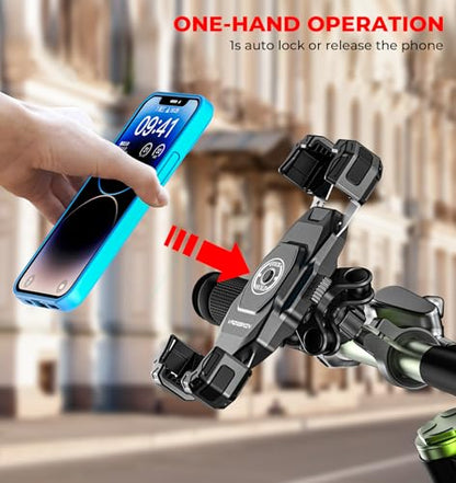VAZESWIN Motorcycle Phone Mount with Vibration Dampener, 1s Lock Bike Phone Holder with Aluminum Alloy Handlebar Mounting Base, One-Handed Operation Motorcycle Cellphone Mount for 5.5"-7.2" Smartphone